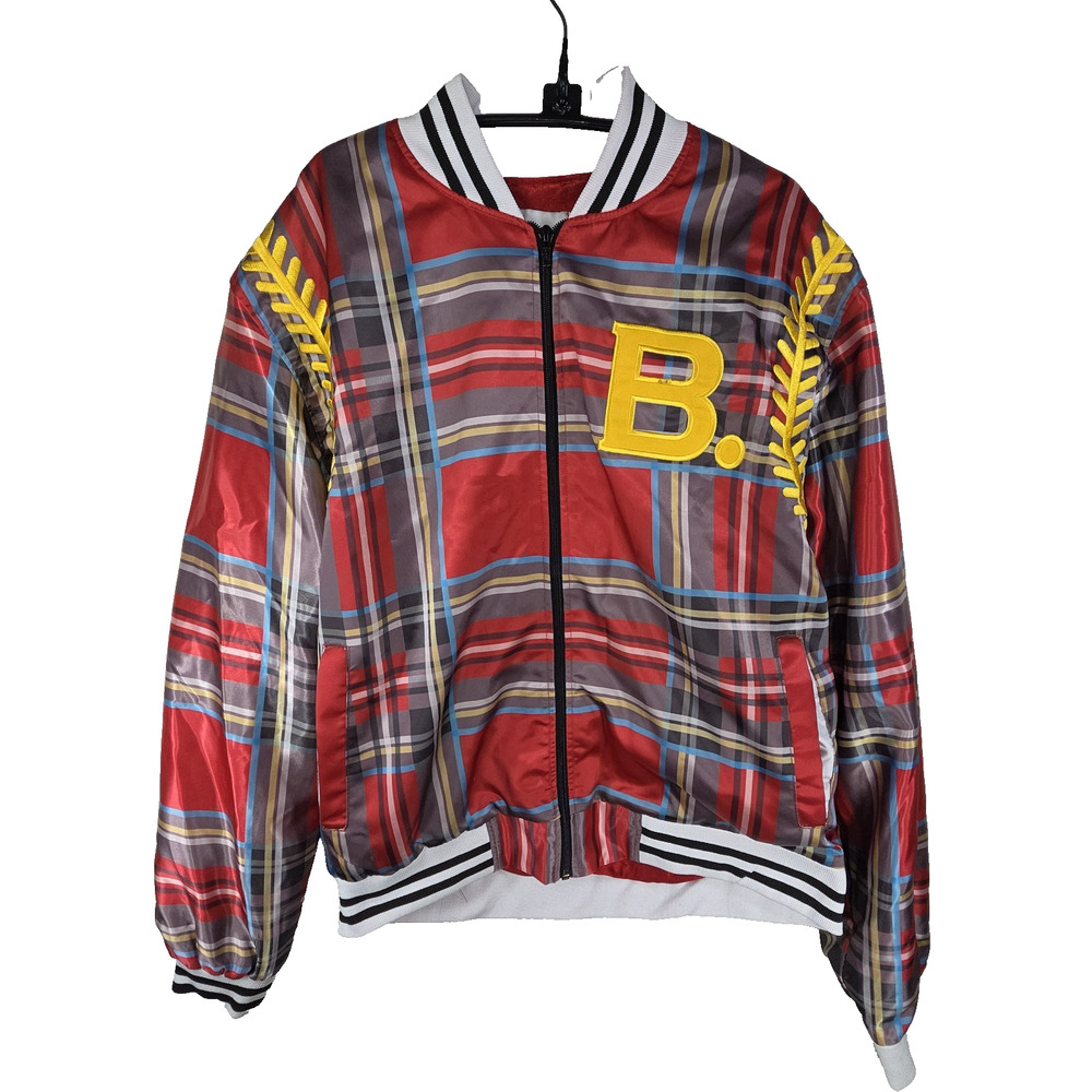 Base Bomber Jacket Mens Sz Large Red Yellow Plaid Baseball Preppy Coat School
